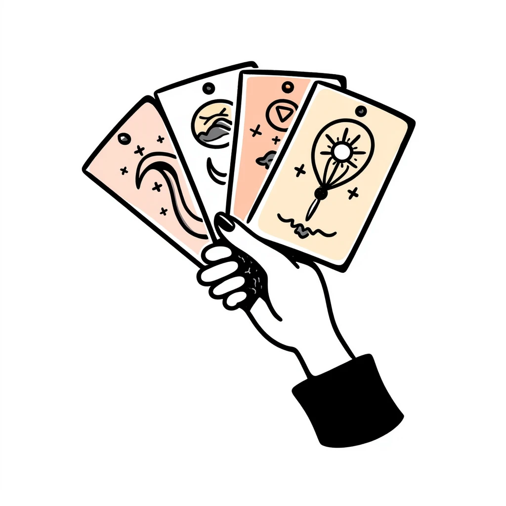 a hand holding a fan of mystical tarot cards with celestial symbols, pastel colors dd9fb0, ffc6d3, a3bfc9, c4bee2, f1b091, detailed hand-drawn doodle style emoji