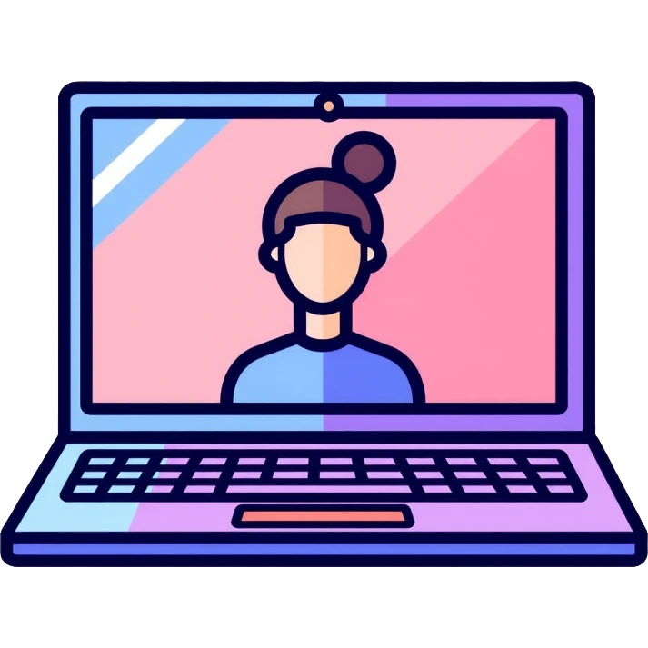 laptop computer with video call showing a person on screen, pink and light blue interface, with neon glow lines, blue neon light on top left, purple neon light on bottom right emoji