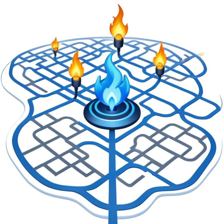 a map with a glowing blue flame on the x and networking paths emoji