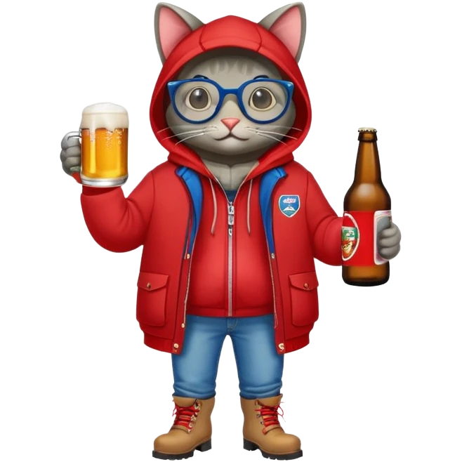 Catfish in a red winter jacket with hood, wearing round glasses, blue jeans, red boots, holding a beer can with a red label emoji