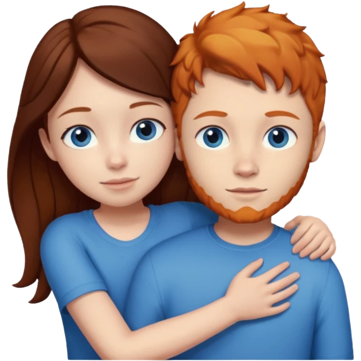 Ginger boy hugging girl with very dark brown hair. Both have blue eyes.  emoji