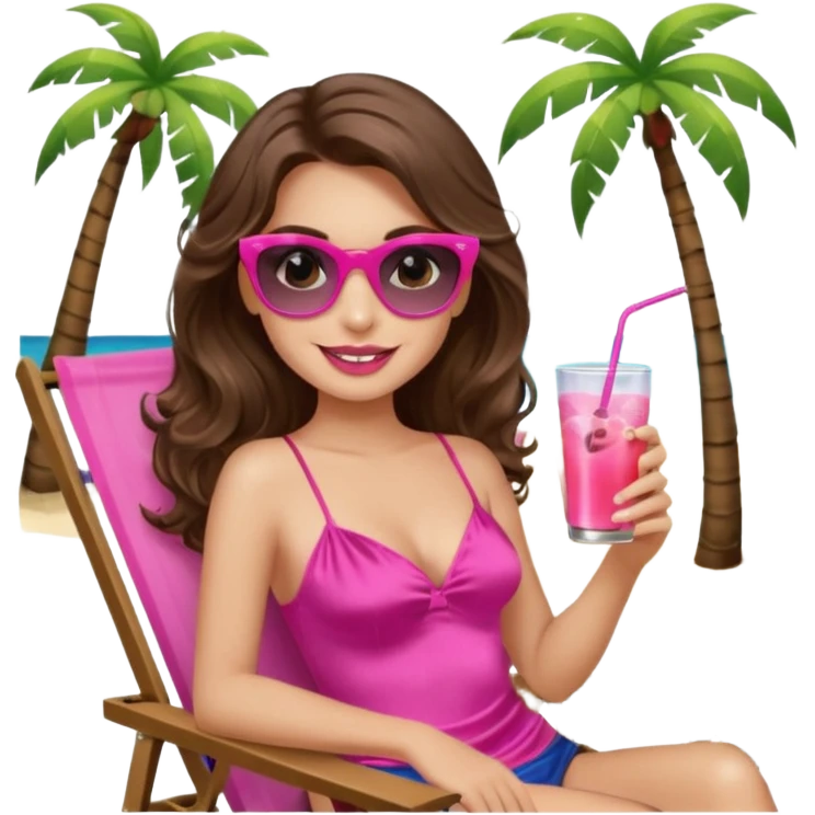 girl with long wavy brown hair, brown eyes, long lashes makeup, sexy pink lips, smiling, light to medium complexion, wearing a pink sexy silk top, relaxing in a beach chair, wearing black sunglasses, holding a drink, palm trees  emoji
