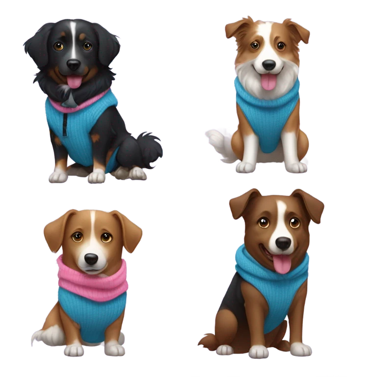 A potato wearing a pink hoodie walking two dogs on a leash. One dog is an australian Sheppard and the other is a skinny black dog with pointy ears wearing a blue sweater emoji