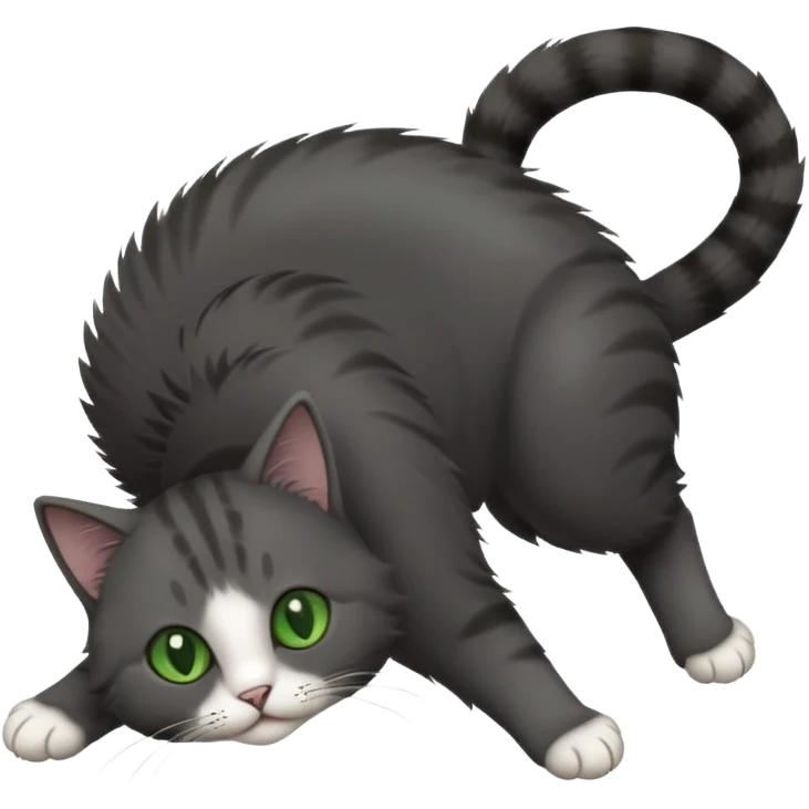 solid dark grey cat with green eyes, white toes/paws playfully rolling upside down emoji