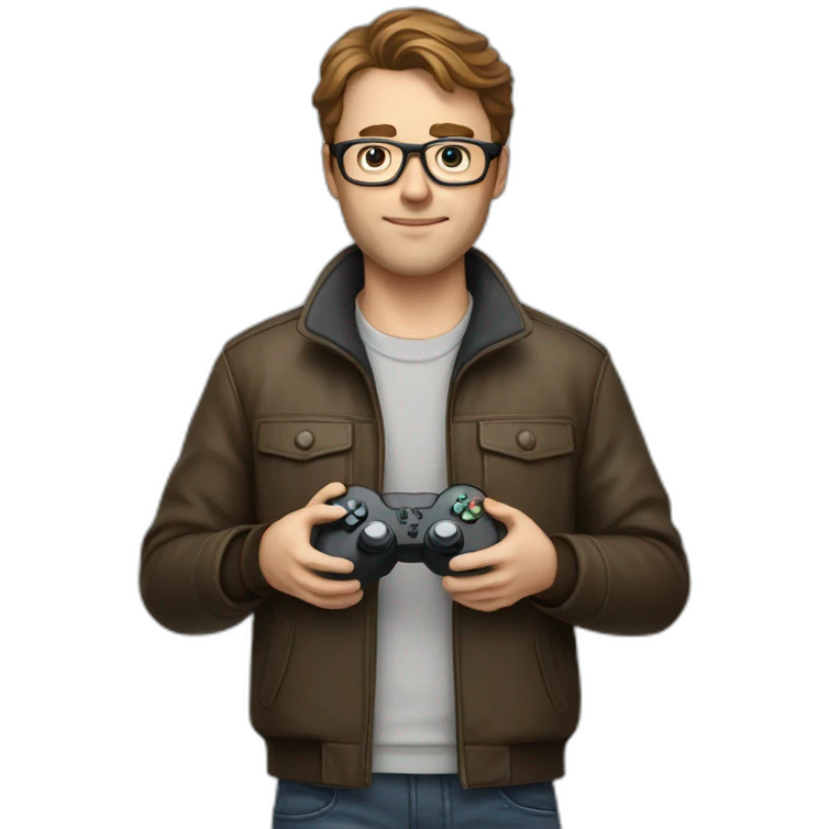 white male with brown hair holding a game controller, wearing glasses, wearing a jacket emoji