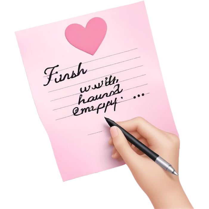 Hand written note on pink paper that says “finish” with a hand written heart next to it  emoji