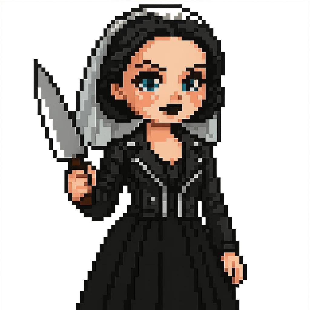 Make Chucky’s bride doll hold a knife, keep her in a black dress and leather jacket with dark makeup, pixel art style emoji