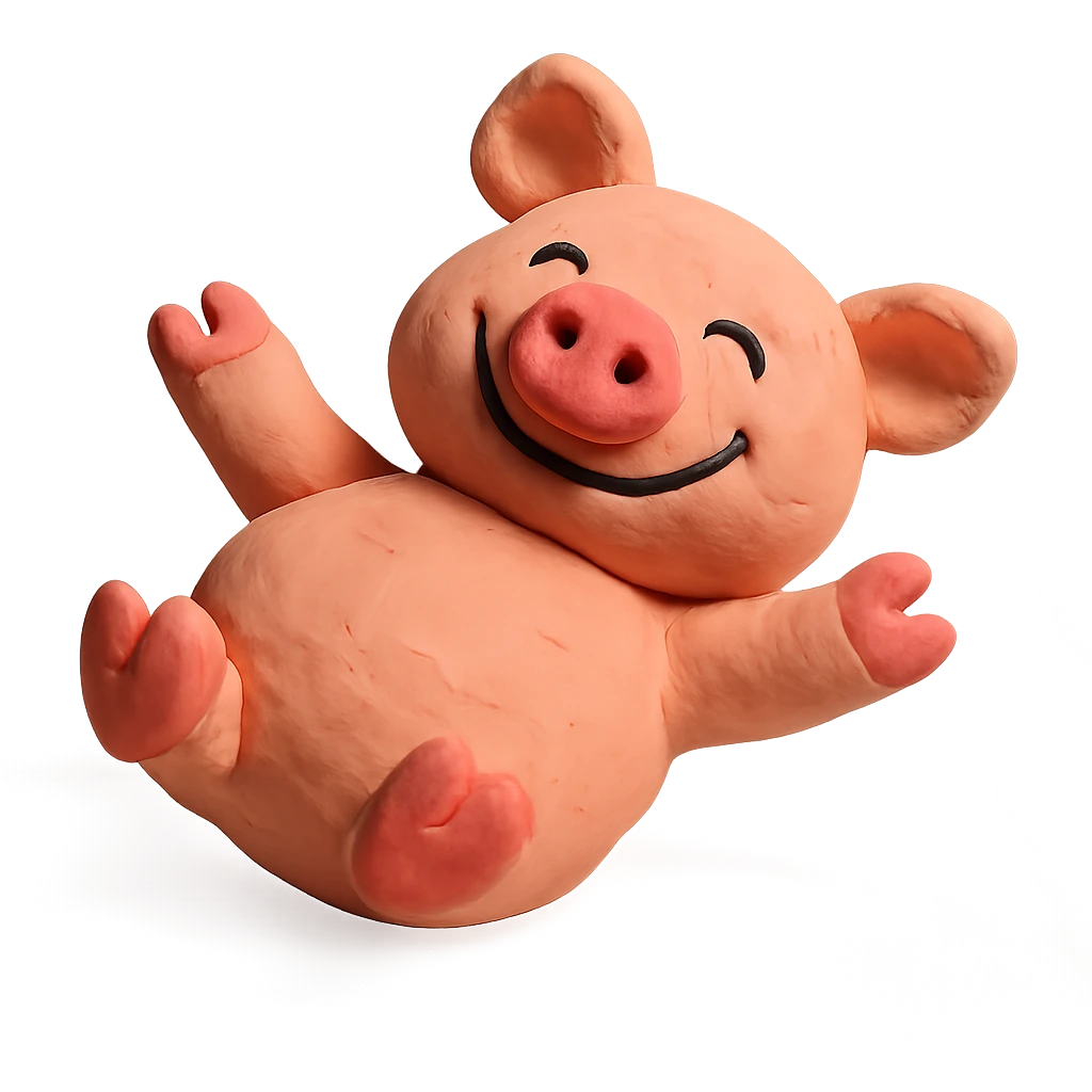 pig lying on its back, smiling, soft lighting, vibrant colors, claymation style emoji