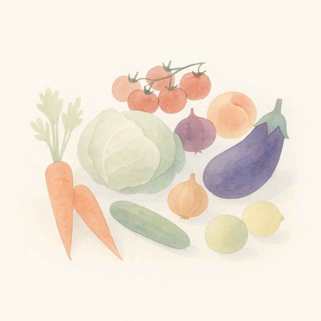 soft watercolor illustration in a minimalist modern style of vibrant colorful fresh vegetables and fruits arranged in a market display, morning light, pastel colors, delicate linework, gentle whimsical mood, minimal soft shading emoji