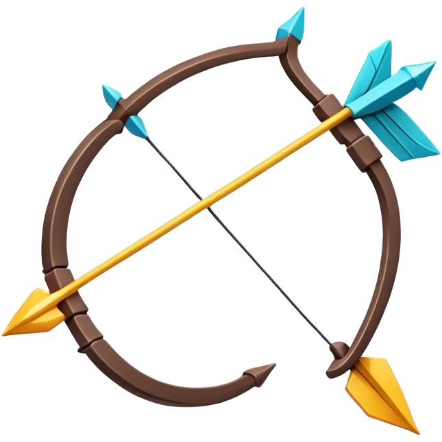 Clash of Clans aesthetic: Cinematic Playful Pixel 3D isometric  Bow & Arrow Emoji, rendered in a 3D vector-style similar to standard emojis with minimal shading and bold, simplified shapes. A compact, distinct form with signature details, softly glowing with a pixelated adventure charm. Simplified yet unmistakably iconic, highly detailed and consistent, glowing with a soft radiance and high shine. Stylized with a touch of classic pixel-art charm and a soft glowing outline, capturing the essence of a beloved gaming relic with a friendly, playful manner! emoji