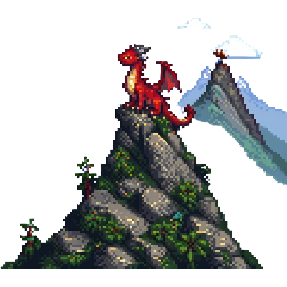 pixel art dragon perched on a mountain, RPG style, soft lighting, retro game aesthetic emoji