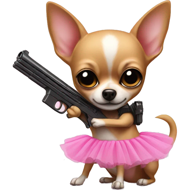 Chihuahua in a pink tutu carrying a gun emoji