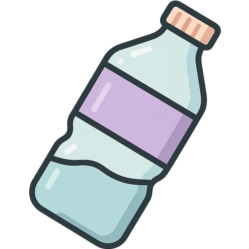 classic water bottle with label, icon-color-outlined style, Chinese eastern style, thin clean contours, soft rounded shapes, pastel palette #98B5BC, #B5B3C1, #C9A3C9, #E4C0CA, #F7DCD1, #F7C0AA, detailed shadows and highlights, soft lighting, transparent background, no decoration, angled view emoji