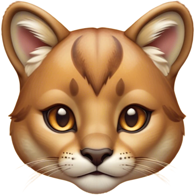 Cinematic Cute Cougar Portrait Emoji, Head tilted playfully and inquisitively, featuring a glossy, tawny Fur with delicate dark markings and round, sparkling amber eyes filled with curious mischief, Simplified yet irresistibly adorable features, highly detailed, glowing with a warm, friendly glow, high shine, affectionate and agile, stylized with a touch of wilderness whimsy, bright and endearing, soft glowing outline, capturing the essence of a mischievous yet loving cougar, so playful it feels like it could prowl out of the screen and into your arms! emoji