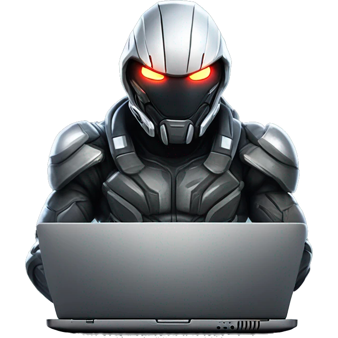 developer behind his laptop with this style : Crytek Crysis Video game with nanosuit character hacker themed character emoji