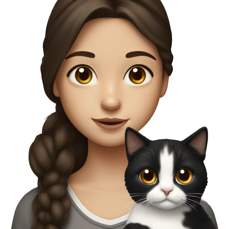 Girl with long dark brown hair freckles and brown eyes holding a black and white cat  emoji