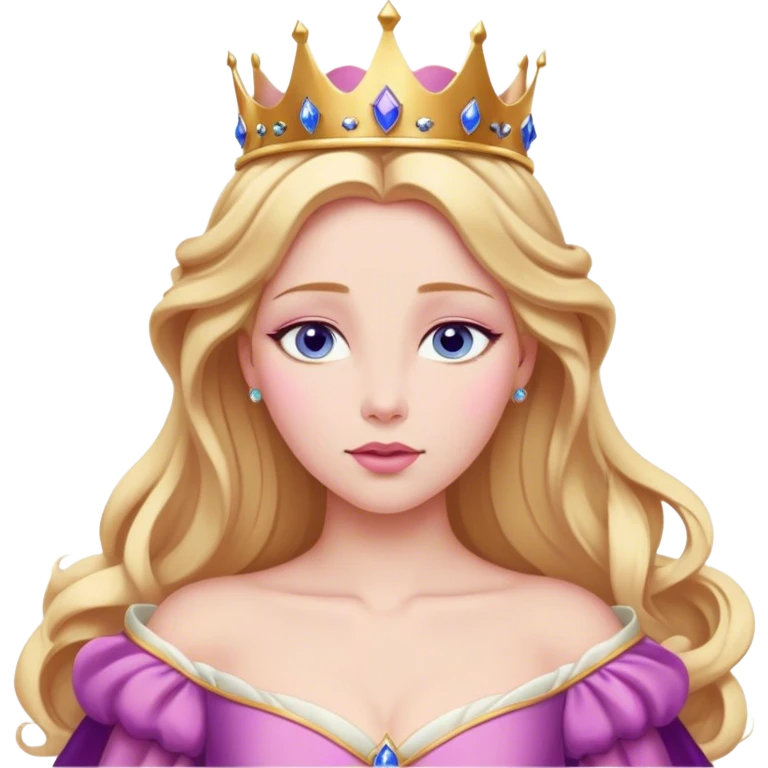 Cinematic Realistic Sleeping Beauty (Aurora) Portrait, with porcelain-like skin featuring a natural rosy flush, illuminated by soft lighting that highlights the gentle contours of her face. Her golden blonde hair flows in soft, detailed waves with subtle highlights that shimmer in the light. Her deep violet-blue eyes radiate warmth and innocence, framed by arched brows and long lashes. Her serene expression exudes quiet elegance. She is dressed in her classic pink gown, the fabric rich in texture with delicate folds that catch the light. A golden crown rests atop her head, gleaming with royal refinement. The portrait captures a soft, glowing aura, blending realism with an ethereal sense of beauty and timeless enchantment. emoji