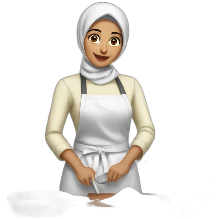 A fair skinned Hijabi Muslim woman wearing a white apron, mixing cake batter, standing behind a messy, kitchen, counter top with the ingredients on the table emoji