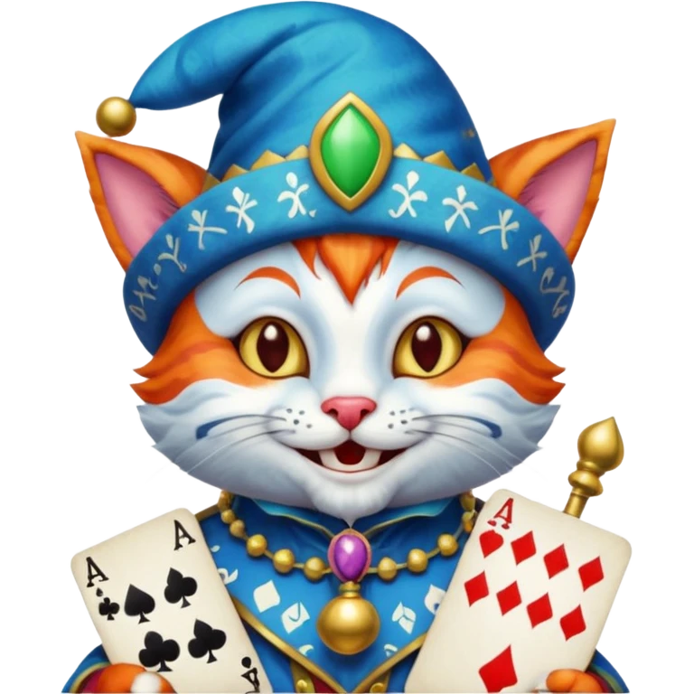 crazy colorful cute little cat jolly joker from poker, medieval, vintage, court jester, mac os icon, blue color, holds an ace poker card (clearly detailed and precise) emoji