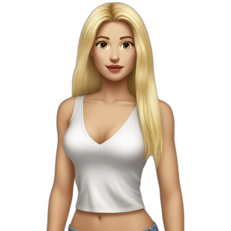 hyperrealistic caucasian blonde, long straight hair, white deep v-neck crop tanktop emoji