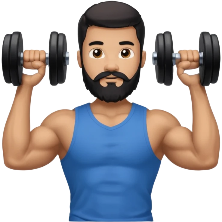 generate an ios genmoji of a 20 year old tan boy with long long long black beard that reaches his chest. Big biceps. wearing a blue shirt that fits his arms and carrying a dumbbel emoji