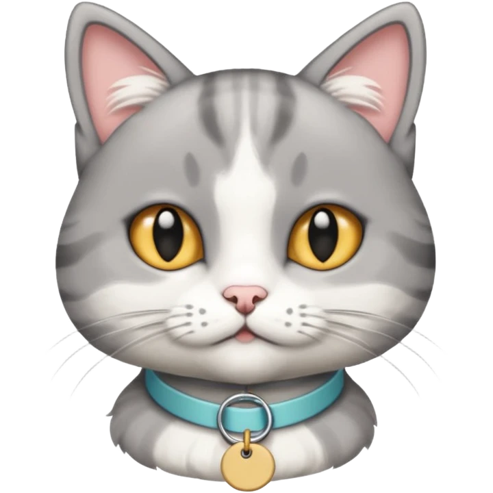 grey and white cat with name tag that says bean emoji