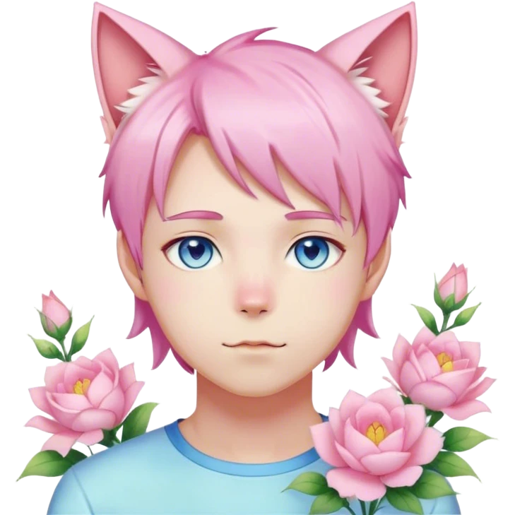 Pastel effeminate young femboy man with pastel pink shiny hair, pink cat ears, pastel yellow blouse, blue eyes, cute, gorgeous, anime, catboy, romantic, beautiful, flowers, aesthetic emoji