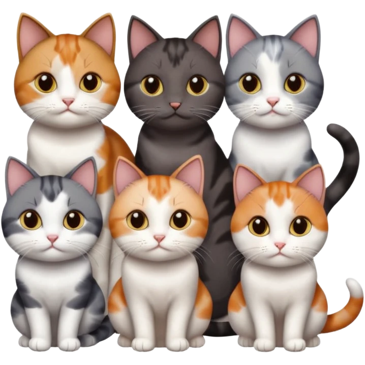 5 different coloured short haired cats including; a dark brown and white cat, and a dark grey and white, and a calico emoji