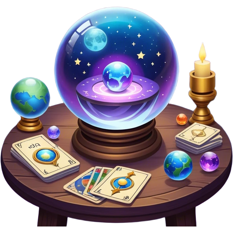 a mystical icon featuring a crystal ball (fortune-telling sphere) on a table with tarot cards scattered around. Surround the scene with planets, stars, and zodiac signs. The design is vibrant, magical, and evoke a sense of mystery and spirituality, with glowing effects and a cosmic atmosphere. emoji