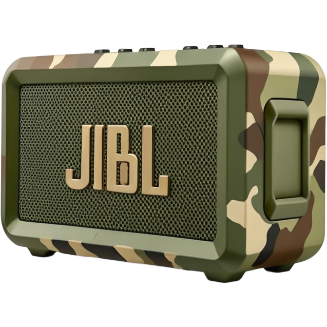 JBL Go 4 speaker in army camouflage print, minimal design aesthetic, compact speaker with simplified details, military pattern emoji