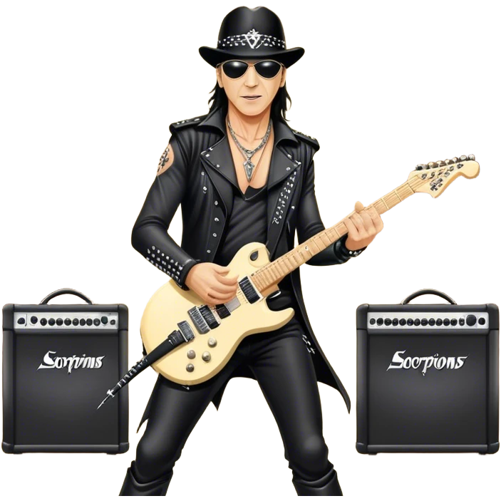 Icon for Rock Music: Klaus Meine performing with Scorpions on stage, with electric guitars and powerful stage presence. The vibe should capture the energetic and iconic sound of Scorpions, with vibrant lighting and a stadium atmosphere. Transparent background. emoji