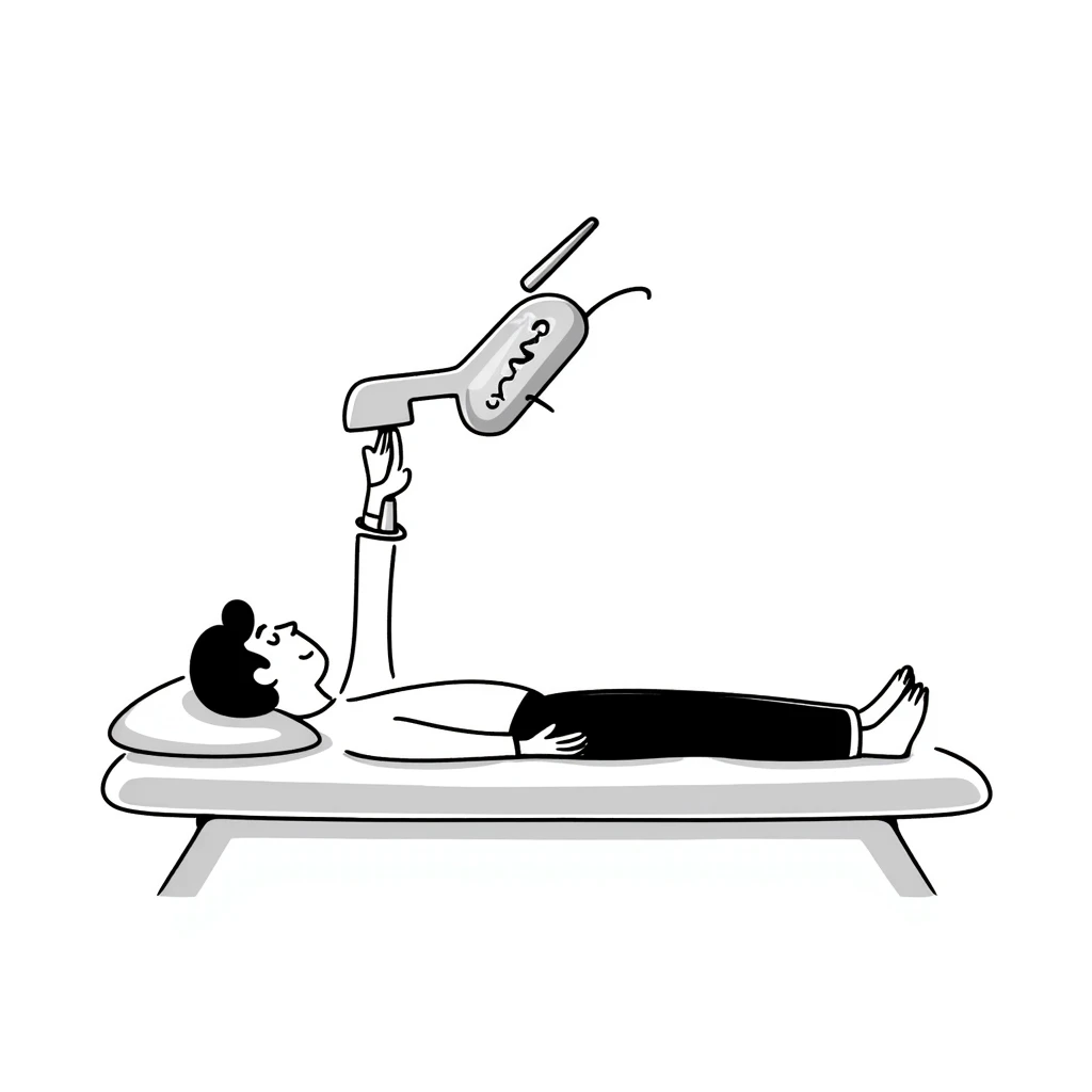 Detailed illustration of DEXA scan procedure with male patient lying on table, bone density measurement machine with scanning arm positioned over patient's body emoji