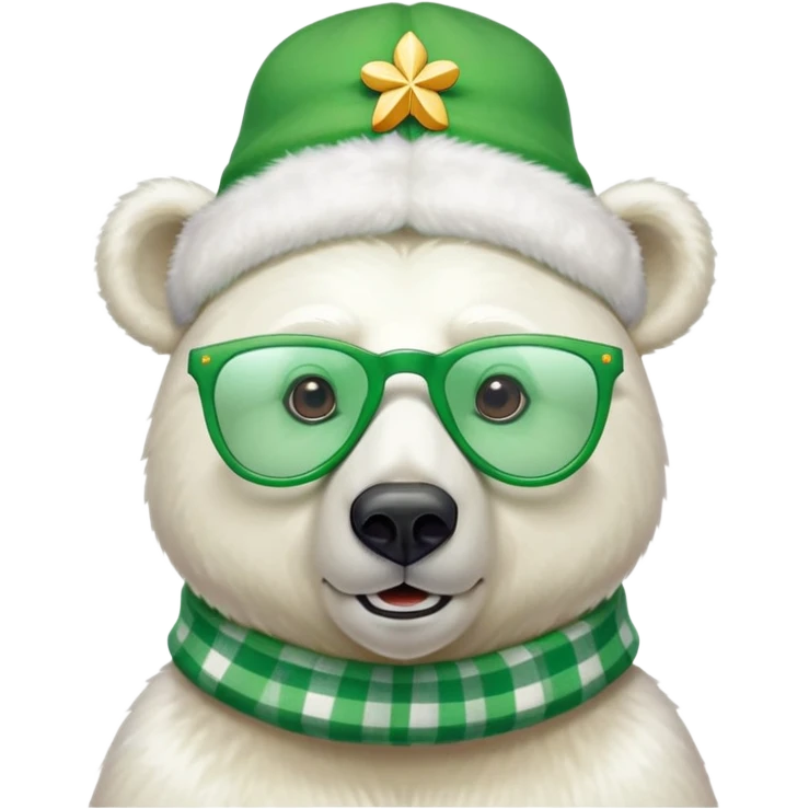 head and shoulders of a friendly anthropomorphised polar bear wearing oversized colorful star glasses, green hat, shamrock accessories, festive shirt emoji