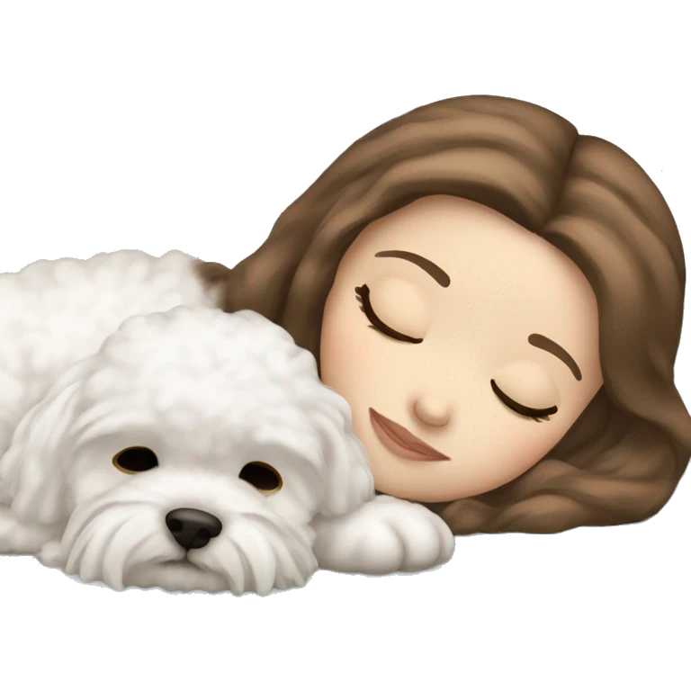 White girl brown hair sleeping with Mini Bichon emoji