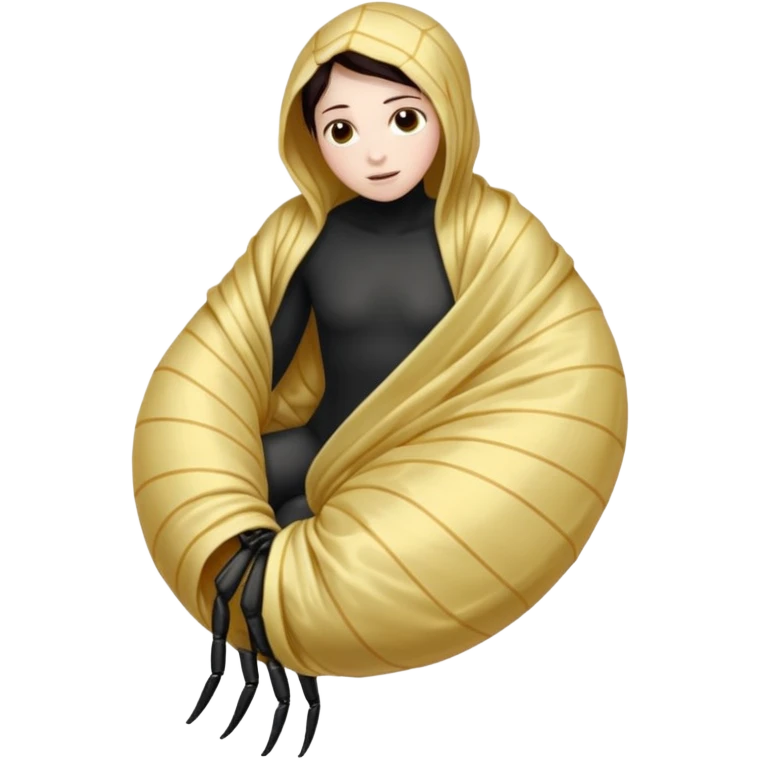 A full body image of a a human-shaped cocoon wrapped in spider silk.
The rounded, segmented wrapping this is meant to be a web-wrapped human body emoji