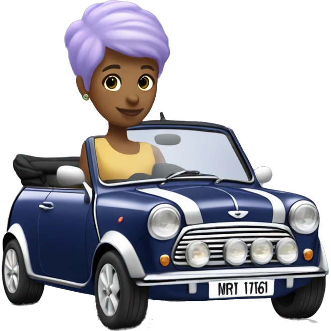navy blue convertible Mini Cooper, with short, lilac colored haired woman driving - update woman to fair skinned emoji