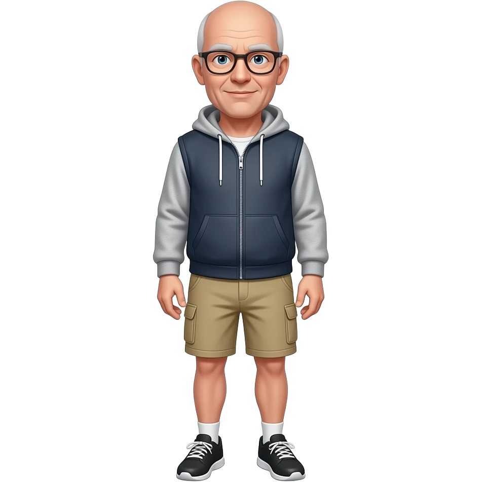 older hairless white man with thin framed glasses, a zippered sweatervest, beige cargo shorts and black running shoes emoji
