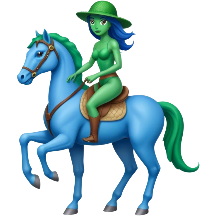 reptilian alien green woman, rides blue horse
 emoji