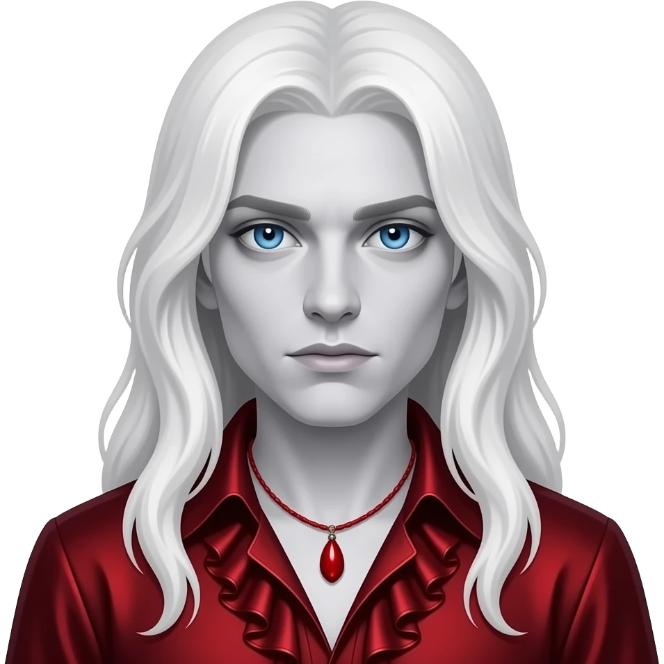 Marius from The Vampire Chronicles with pale-grey skin, cobalt blue eyes, long white-blonde hair, red metallic ruffle shirt, red necklace emoji