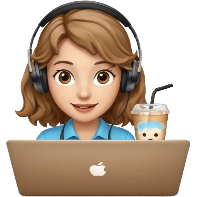 Women in front of laptop with a happy face, light brown wavy hair, light brown big eyes, light skin with a iced coffee on the side emoji