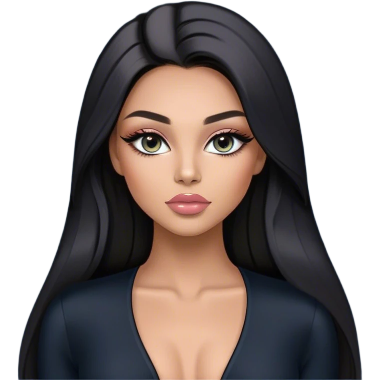 Glamours, tanned, very beautiful girl, with big pump peach-beige-rose lips, eyeliner, long long lashes, black straight smooth silky long hair, straight parting hair, blue-grey eyes, black bodysuit long-sleeves emoji