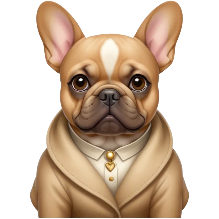Cinematic Noble Fawn French Bulldog Portrait Emoji, Poised and regal, with a compact, muscular build and a sleek, well-groomed fawn coat, deep-set soulful dark eyes, Simplified yet sharp and sophisticated features, highly detailed, glowing with a soft, dignified glow, high shine, intelligent and determined, stylized with an air of authority, focused and attentive, soft glowing outline, capturing the essence of a watchful and confident companion, so majestic it feels as though it could strut out of the screen with effortless authority! emoji