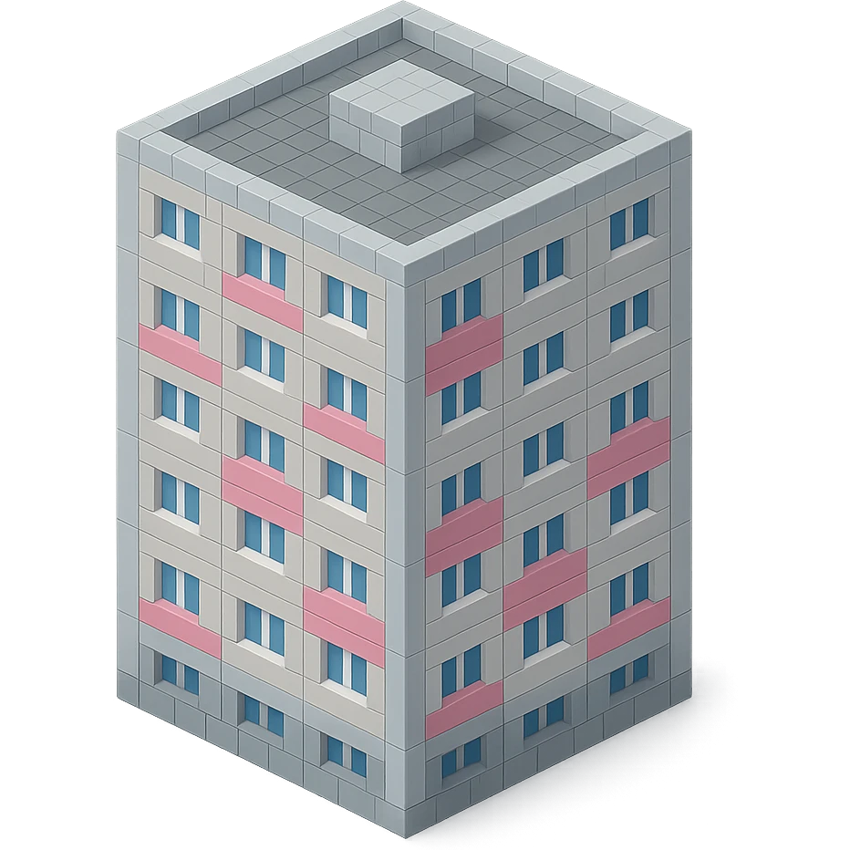 Russian panel apartment building, square block, light gray, alternating pink and white windows, isometric view emoji