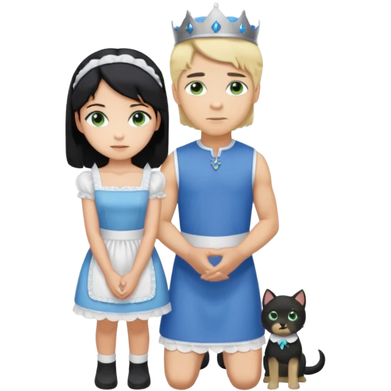 Prince, standing, black hair, blue eyes, garmont, and maid, blonde Hair, green eyes, white short sleveless dress, kneeling  emoji