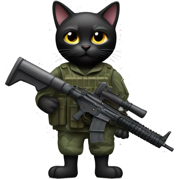 Black cat wearing army fatigues wielding a machine gun emoji