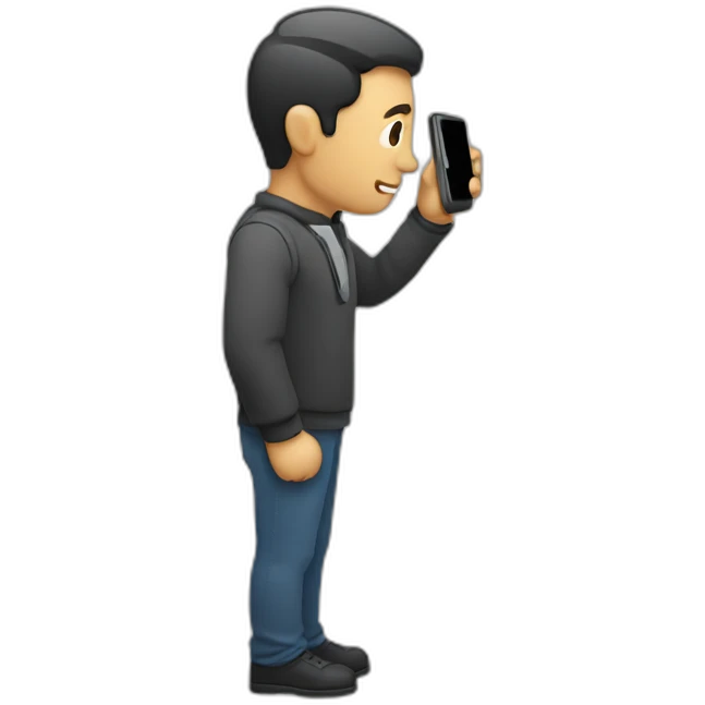 A man talks to his mobile phone sideways emoji