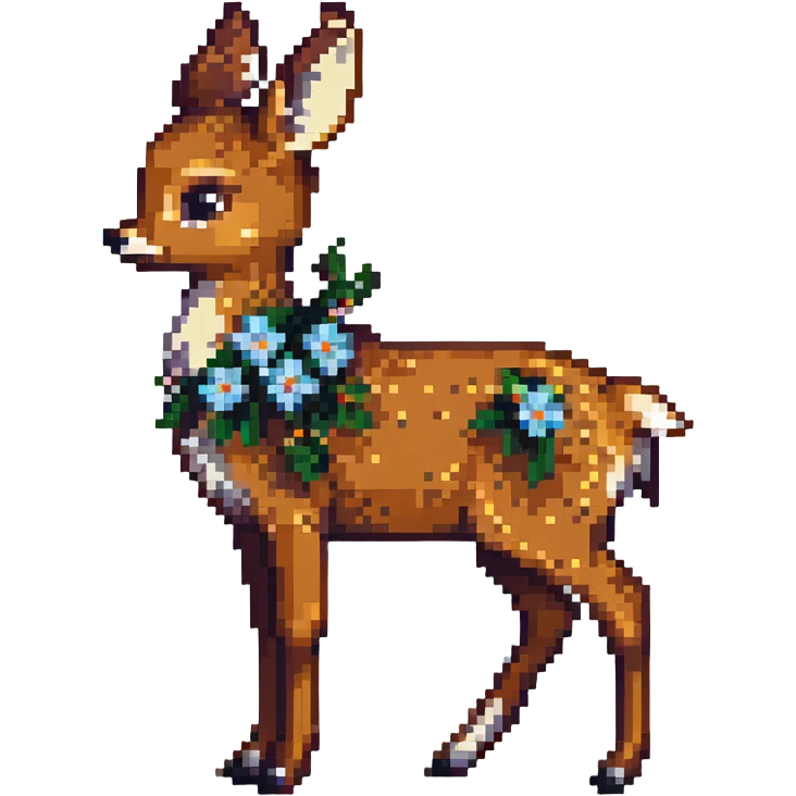 Pixel art Bambi, side view, with small flowers around emoji