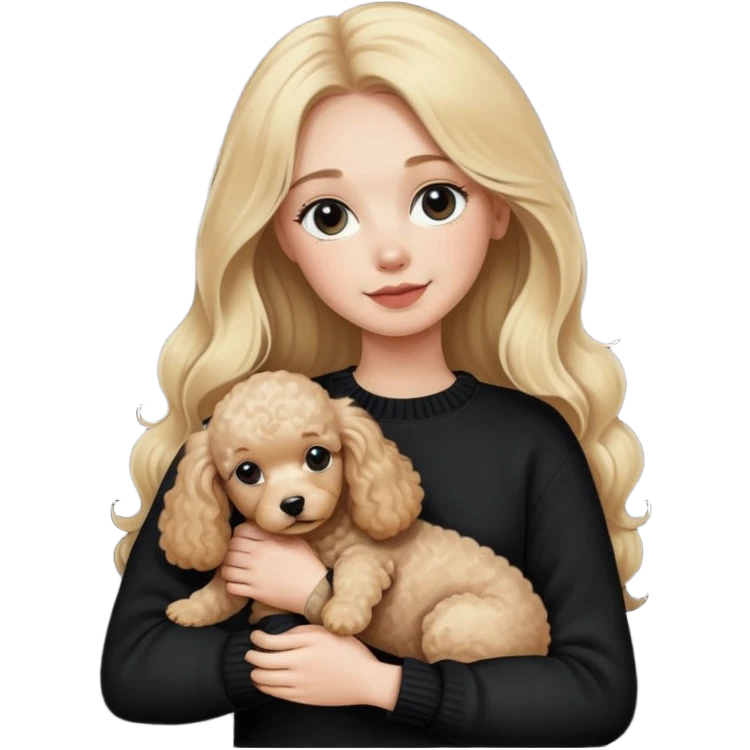 blonde girl with long hair in a black sweater holds a Poodle puppy in her arms emoji