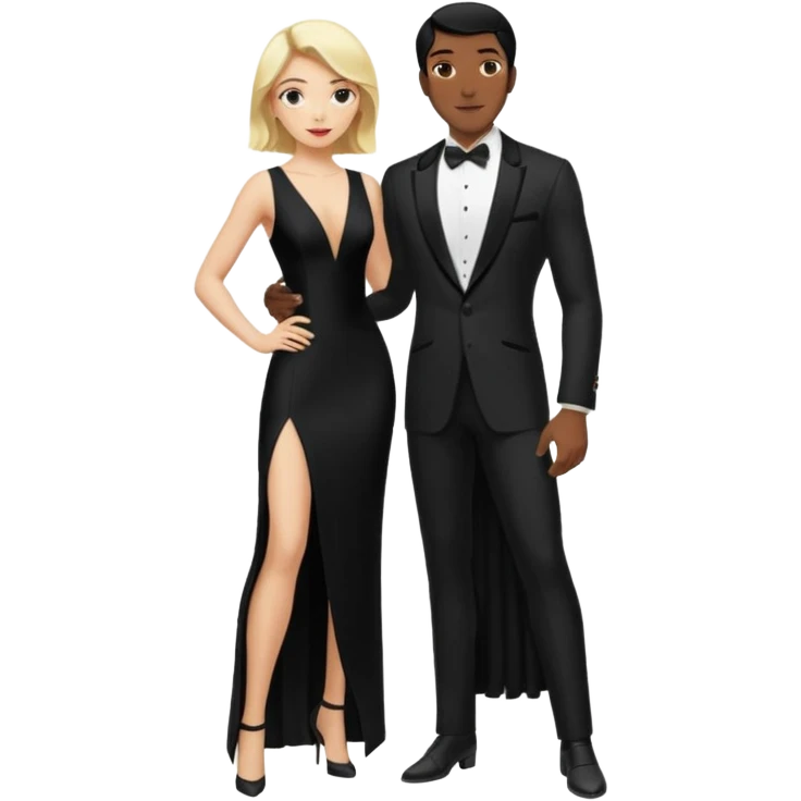 Blonde woman, black, Long, tight, sleveless Dress, Slot left Leg, man, black Hair, in Dinner jacket, Background ballroom emoji