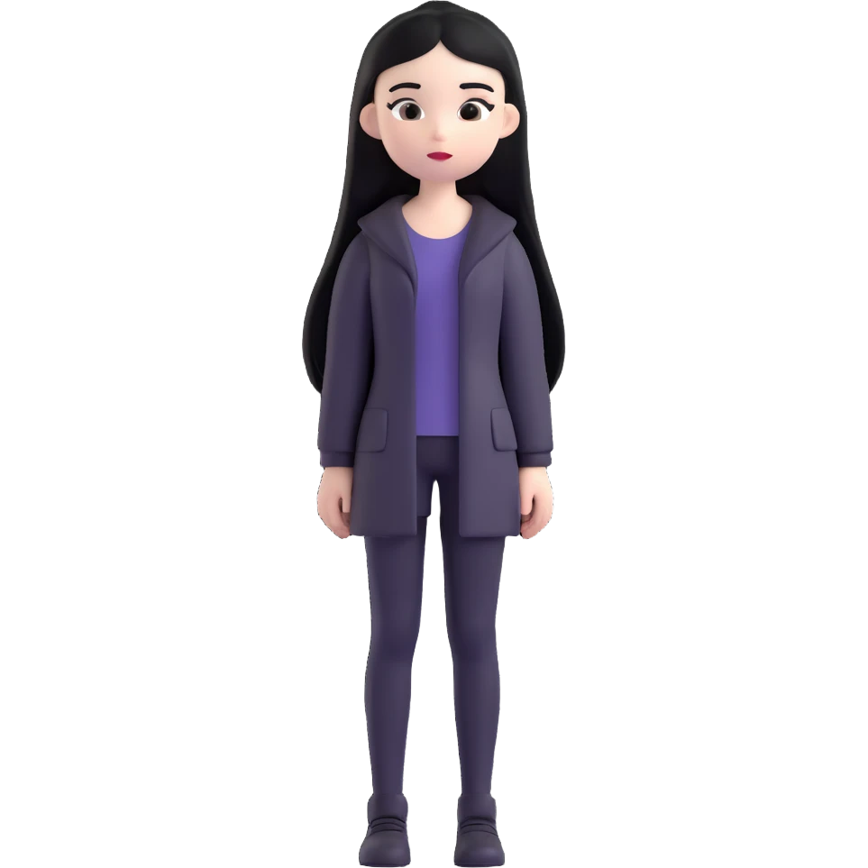full body emoji of a girl with pale skin, long straight black hair, dressed in all black, standing still, simple background emoji